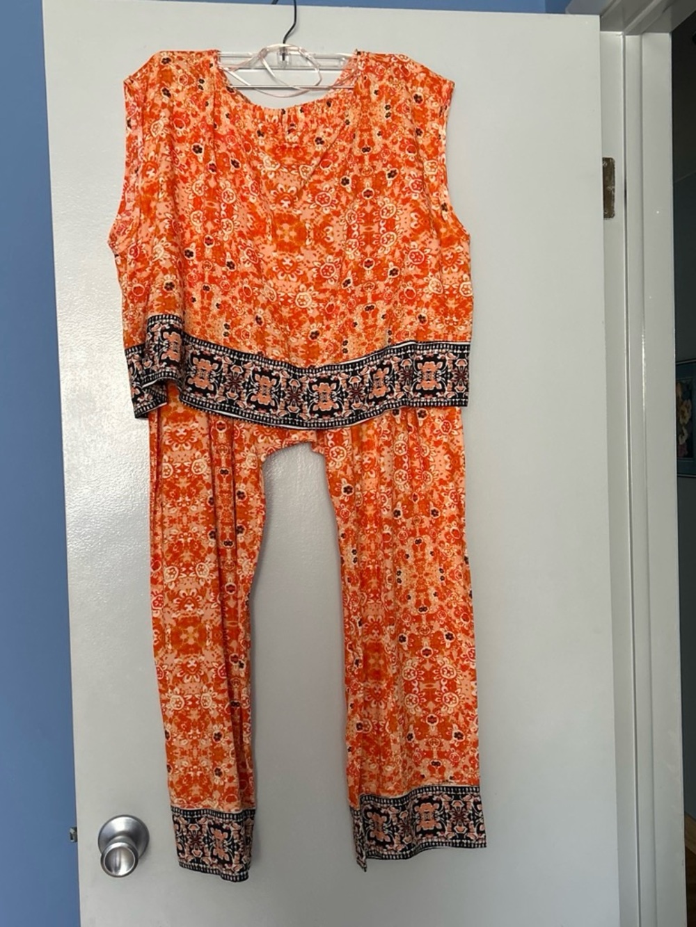 Free people Women’s Orange Printed pant set with black Border Trim